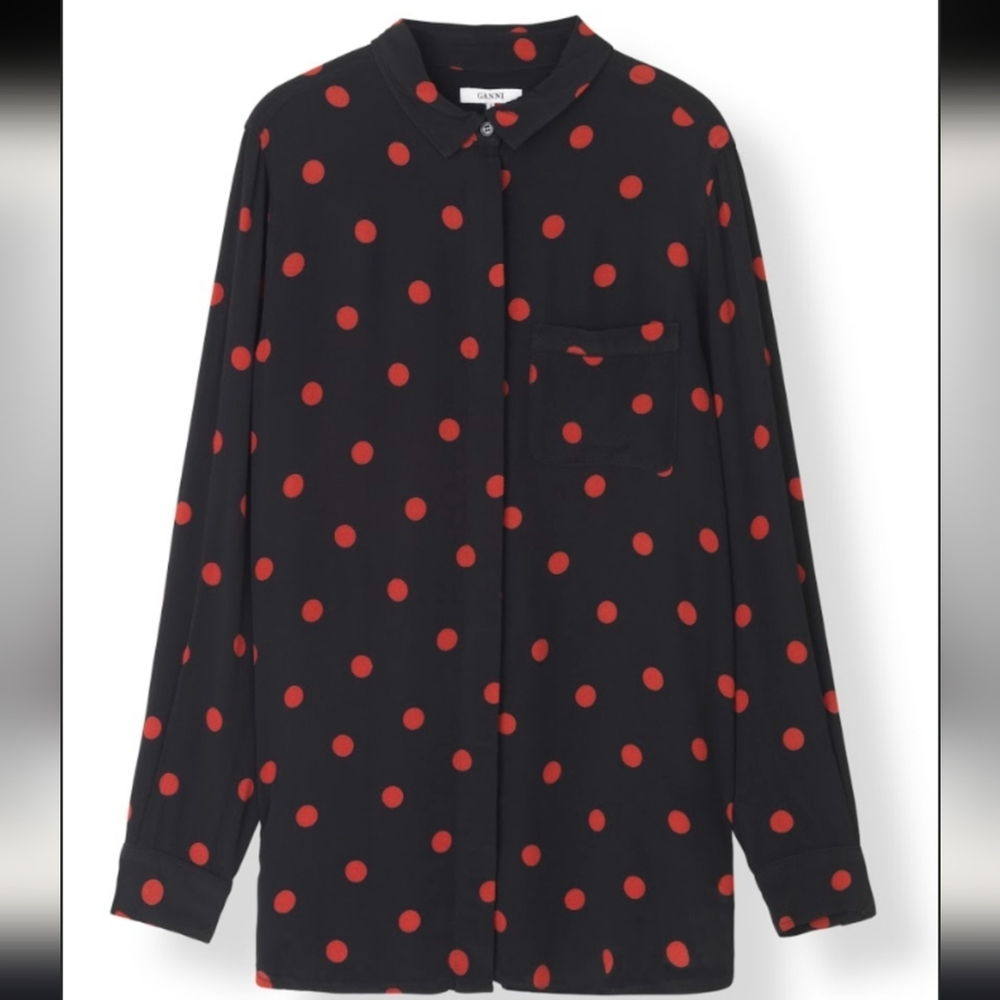 Ganni Barra Crepe Button Up Black Red Polka Dot Shirt Size Medium
